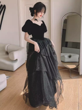 Ball Gown Black Prom Dress With Puffy Sleeves Long Prom Dresses HZ1022