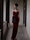 Sexy Mermaid Sweetheart Velvet Burgundy Long Prom Dress HZ1022