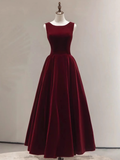 Simple A line Scoop Velvet Burgundy Velvet Long Prom Dresses HZ1022