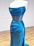 Gorgeous Blue Strapless Pleated Long Slit Prom Dress HZ1022