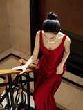 Simple A line Straps Red Satin Long Prom Dresses HZ1022
