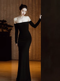 Sexy Mermaid Off The Shoulder Black Long Sleeves Prom Dress HZ1022