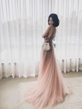 Simple A line Spaghetti Straps Tulle Long Slit Prom Dress HZ1022