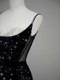 Sexy Spaghetti Straps Bling Sequin Mermaid Long Black Prom Dresses HZ1022