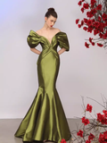 Sexy Mermaid Off The Shoulder Green Prom Dresses Satin Long Prom Gown HZ1022