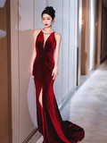 Luxury Mermaid Velvet Evening Dress Red Long Prom Dress HZ1022