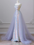Sparkly Mermaid Sleeveless Sequin Light Sky Blue Long Prom Dress HZ1022