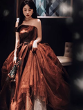 Ball Gown Strapless Sleeveless Tulle Brown Long Prom Dress HZ1022