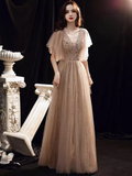 Charming A line Champagne Prom Dress With Puffy Sleeves Long Prom Dresses HZ1022