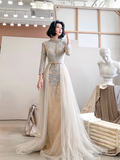 Simple A line High Neckline Tulle Champagne Long Prom Dress HZ1022