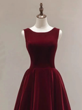 Simple A line Scoop Velvet Burgundy Velvet Long Prom Dresses HZ1022