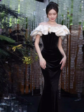 Mermaid Off The Shoulder Black Velvet Prom Dress Long Prom Dresses HZ1022
