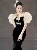 Sexy Mermaid Black Velvet Long Prom Dresses HZ1022