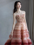 Modest Ball Gown Strapless Pink Tulle Flowers Long Prom Dresses HZ1022