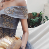 Sexy A line Off The Shoulder Gray Blue Prom Dresses Lace Long Prom Gown HZ1022
