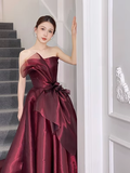 Simple Ball Gown Strapless Organza Burgundy Long Prom Dress HZ1022