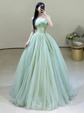 Sexy Green Strapless Tulle Floor Length Prom Dress HZ1022