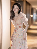 Fairy A line Square Long Sleeves Tulle Flowers Long Prom Dress HZ1022
