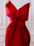 Simple One Shoulder Ruffles Red Satin Long Prom Dresses HZ1022