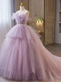 Ball Gown Strapless Lilac Tulle Long Prom Dresses with Pearls Belt HZ1022