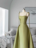 Simple A line Spaghetti Straps Satin Long Prom Dresses HZ1022