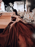 Ball Gown Strapless Sleeveless Tulle Brown Long Prom Dress HZ1022