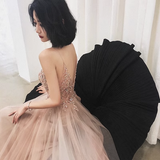 Simple A line Spaghetti Straps Tulle Long Slit Prom Dress HZ1022