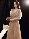 Charming A line Champagne Prom Dress With Puffy Sleeves Long Prom Dresses HZ1022