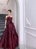 Simple Ball Gown Strapless Organza Burgundy Long Prom Dress HZ1022