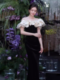 Mermaid Off The Shoulder Black Velvet Prom Dress Long Prom Dresses HZ1022