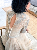 Simple A line High Neckline Tulle Champagne Long Prom Dress HZ1022