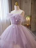 Ball Gown Strapless Lilac Tulle Long Prom Dresses with Pearls Belt HZ1022