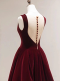 Simple A line Scoop Velvet Burgundy Velvet Long Prom Dresses HZ1022