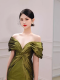 Sexy Mermaid Off The Shoulder Green Prom Dresses Satin Long Prom Gown HZ1022