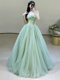 Sexy Green Strapless Tulle Floor Length Prom Dress HZ1022