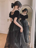 Ball Gown Black Prom Dress With Puffy Sleeves Long Prom Dresses HZ1022