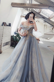 Sexy A line Off The Shoulder Gray Blue Prom Dresses Lace Long Prom Gown HZ1022