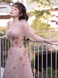 Fairy A line Square Long Sleeves Tulle Flowers Long Prom Dress HZ1022