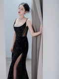Sexy Spaghetti Straps Bling Sequin Mermaid Long Black Prom Dresses HZ1022