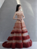 Modest Ball Gown Strapless Pink Tulle Flowers Long Prom Dresses HZ1022