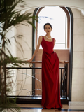 Simple A line Straps Red Satin Long Prom Dresses HZ1022