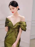 Sexy Mermaid Off The Shoulder Green Prom Dresses Satin Long Prom Gown HZ1022