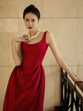 Simple A line Straps Red Satin Long Prom Dresses HZ1022
