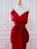 Simple One Shoulder Ruffles Red Satin Long Prom Dresses HZ1022