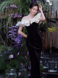 Mermaid Off The Shoulder Black Velvet Prom Dress Long Prom Dresses HZ1022
