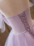 Ball Gown Strapless Lilac Tulle Long Prom Dresses with Pearls Belt HZ1022
