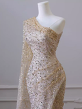 Sexy Mermaid One Shoulder Sequin Slit Long Prom Dress HZ1022