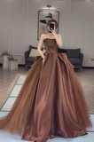 Ball Gown Strapless Sleeveless Tulle Brown Long Prom Dress HZ1022