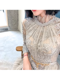 Simple A line High Neckline Tulle Champagne Long Prom Dress HZ1022