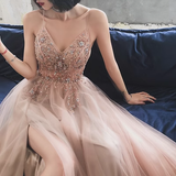 Simple A line Spaghetti Straps Tulle Long Slit Prom Dress HZ1022
